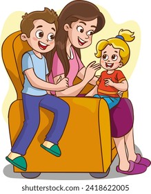 vector illustration of a Mother and kids Sitting on a Couch in the Living Room