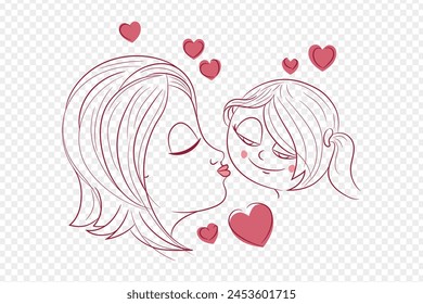 Vector illustration of mother kissing daughter cartoon on transparent background