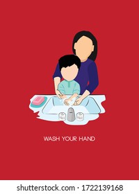 Vector Illustration of mother learn child washing hand
