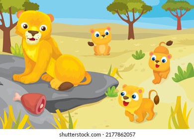 Vector illustration of mother lioness is waiting for her cubs for lunch