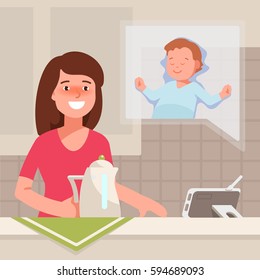 Vector illustration of mother look on screen video baby monitor with child sleeping in baby cot. Two way communication babysitter and kid using the device. Concept raise children and care flat style.