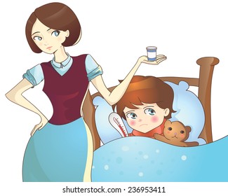 Vector illustration mother with medicine and ill child
