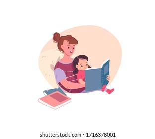 Vector Illustration Mother Mum Reading Fairy Tale Book To Baby Child Daughter At Home.
Babysitter, Nanny, Caretaker Babysitting With Child. Mom With Daughter.