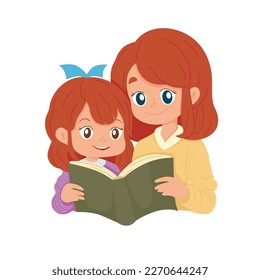 Vector illustration mother mum reading fairy tale book to baby child daughter at home. Babysitter, nanny, caretaker babysitting with child. Mom with daughter.