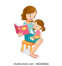 Vector Illustration Mother Mum Reading Fairy Tale Book To Baby Child Daughter Sitting On Chair.
Babysitter, Nanny, Caretaker Babysitting With Child.