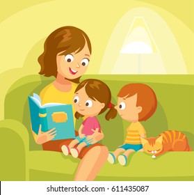 Vector Illustration Mother Mum Reading Fairy Tale Book To 2 Two Baby Children Daughter An Boy Sitting On Sofa.
Babysitter, Nanny, Caretaker Babysitting With Child.