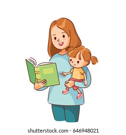 Vector Illustration Mother Mum Reading Fairy Tale Book To Baby Child Daughter.
Babysitter, Nanny, Caretaker Babysitting With Child.