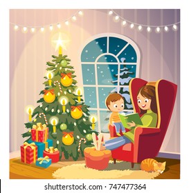 Vector illustration mother mum reading fairy tale book to baby child son at home. Babysitter, nanny, caretaker babysitting with child.