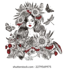 Vector illustration of mother nature. Girl decorated with plants, flowers, mushrooms, berries, snail, butterflies, dragonfly in engraving style