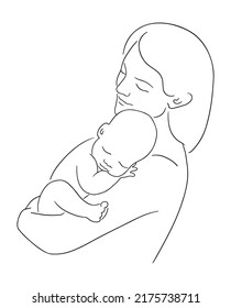 Vector illustration of mother and newborn baby. Hand drawn sketch of mom holds sleeping infant