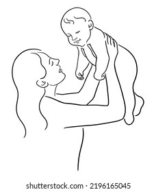 Vector illustration of mother and newborn baby. Hand drawn sketch of mom holds infant. Motherhood concept