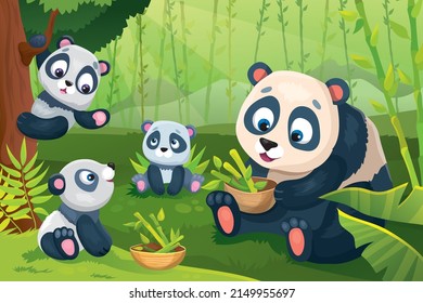 Ilustración vectorial de la madre panda con los niños que celebran fiestas en bambú al despejar la selva