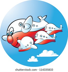 vector illustration of a mother plane suckling her child planes.