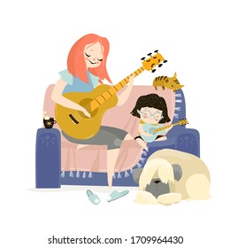 Vector illustration of mother playing guitar with her daughter