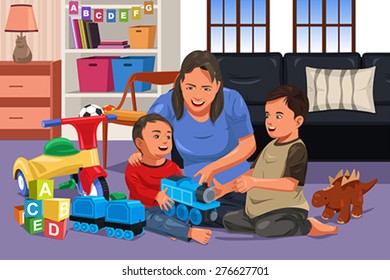 A vector illustration of mother playing with her happy kids together