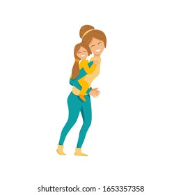 Vector illustration of mother plays with daughter in flat cartoon style. Family spending time together. Mummy put on back her little girl and laugh. Cute concept design of funny activities isolated