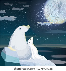 Vector illustration of mother polar bear and baby polar bear watching the full moon in the night sky. Design for picture frame, poster, brochure and card