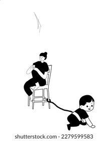 vector illustration a mother prefers to look at the phone than watching her child
