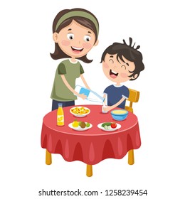 Vector Illustration Of Mother Prepare Breakfast For Kid