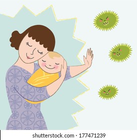 Vector Illustration of Mother Protecting Baby from Germs