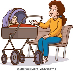 Vector illustration of a mother pushing her baby in a stroller in the park.