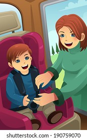 A vector illustration of mother putting on seatbelt for her son