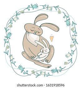 Vector illustration, mother rabbit holds in her paws a little rabbit baby, in a round frame from hand-drawn tulip flowers, isolated on white background. Illustration for Mother's Day