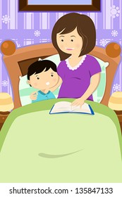 A vector illustration of mother reading a bedtime story to her son