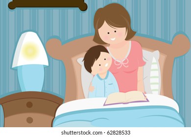 Eine Vektorgrafik einer Mutter, die ihrem Sohn eine Gutzeitgeschichte vorliest