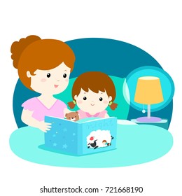 A vector illustration of a mother reading a bedtime story to her daughter.
Mom and daughter are in bed at night atmosphere under the light of lamp.