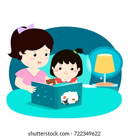 A vector illustration of a mother reading a bedtime story to her daughter.
