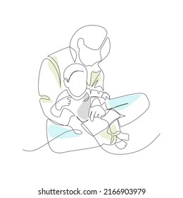 Vector illustration mother reading book to child drawn in line art style