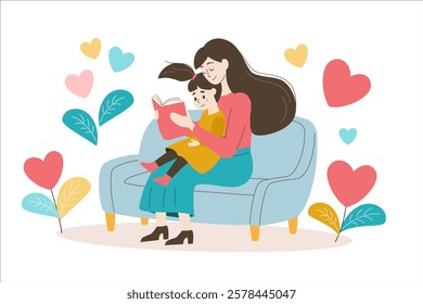 Vector illustration of a mother reading a book to. Concept by love and care. Perfect for children's book designs, Mothers Day cards, parenting blogs, and family-themed projects.