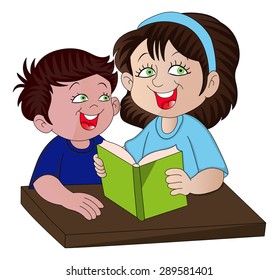 Vector illustration of mother reading a book to her son.