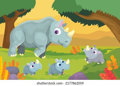 Ilustración vectorial del rinoceronte materno junto con niños pequeños para caminar