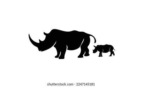 Vector illustration of a mother rhinoceros with two babies Rhino walking for logo. Rhino Vector