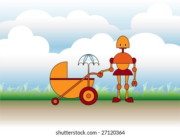 Vector illustration of mother robot walking with the stroller on the natural, sunny background.