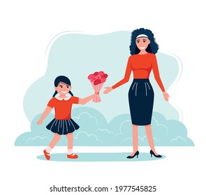 Vector illustration for mother s day, daughter gives flowers to mom Eps 10