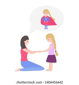 Vector Illustration of Mother is Saying her Daughter that She is Superhero. Concept of Girls Can Do Anything or Girls Power