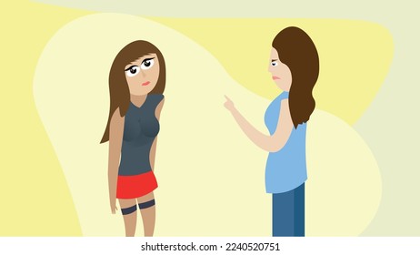 Vector illustration of a mother scolding her teenage daughter. Concept of strict parenting, conflict between generations, upbringing and adolescent behavior on yellow background.