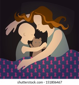 vector illustration of a mother sleeping with her child
