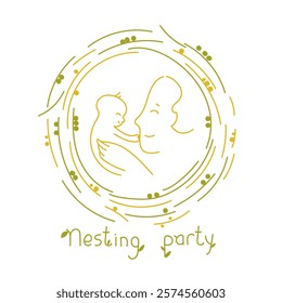 Vector illustration of a mother and a small newborn baby in a floral frame in the shape of a bird's nest.Cartoon, cute illustration of a mother hugging her child.Nesting party invitation, christening.