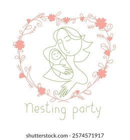 Vector illustration of a mother and a small newborn baby in a floral frame Cartoon, 
abstract , cute illustration of a mother hugging her child.Nesting party invitation, christening.