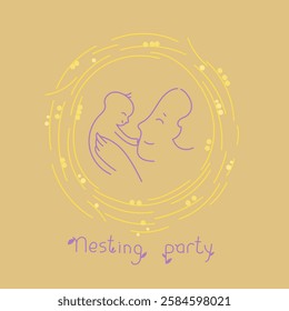 Vector illustration of a mother and a small newborn baby in a floral frame in the shape of a bird's nest. Cartoon, cute illustration of a mother hugging her child. Nesting party invitation, christenin