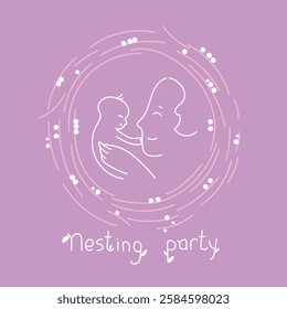 Vector illustration of a mother and a small newborn baby in a floral frame in the shape of a bird's nest. Cartoon, cute illustration of a mother hugging her child. Nesting party invitation, christenin