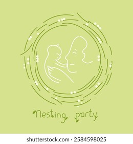 Vector illustration of a mother and a small newborn baby in a floral frame in the shape of a bird's nest. Cartoon, cute illustration of a mother hugging her child. Nesting party invitation, christenin