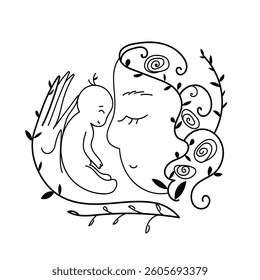 Vector illustration of a mother and a small newborn baby in a floral frame in the shape of a bird's nest. Cartoon, cute illustration of a mother hugging her child. Nesting party invitation, christenin