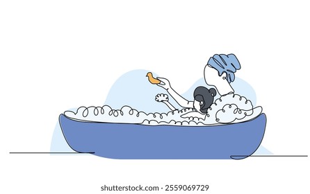 Vector illustration of a mother soak with her child in a bathtub. Modern flat in continuous line style.