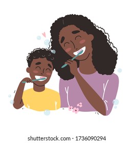 Vector illustration of mother and son Brushing Their Teeth. happy Black african american family and health.