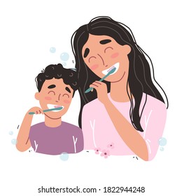 Vector illustration of mother and son Brushing Their Teeth. happy family and health.